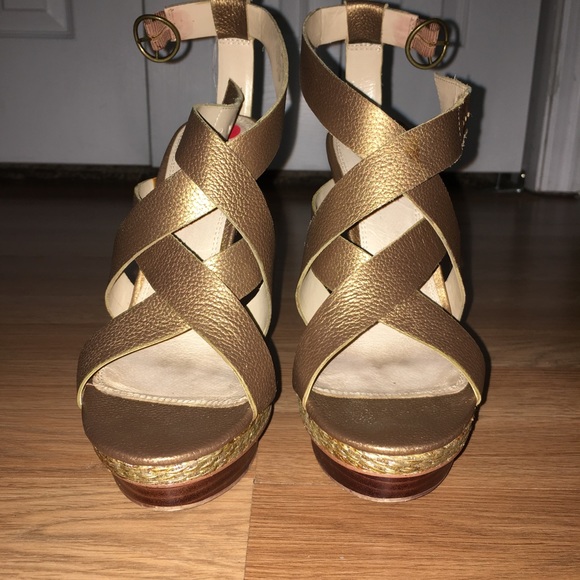 Gold/Bronze platform high heels with ankle straps. Shoe name is Kimberly. - Picture 2 of 7
